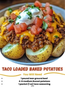 Taco Loaded Baked Potatoes topped with cheese, sour cream, and salsa