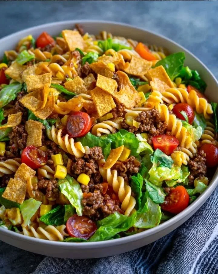 Colorful and fresh Taco Pasta Salad garnished with cilantro and lime.