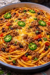 A plate of Taco Spaghetti topped with cheese and fresh ingredients.