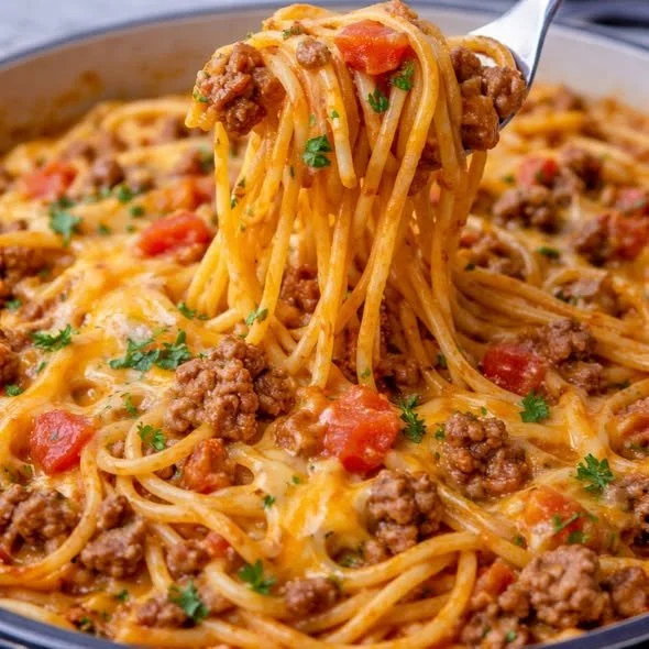 Bowl of Taco Spaghetti topped with cheese and herbs