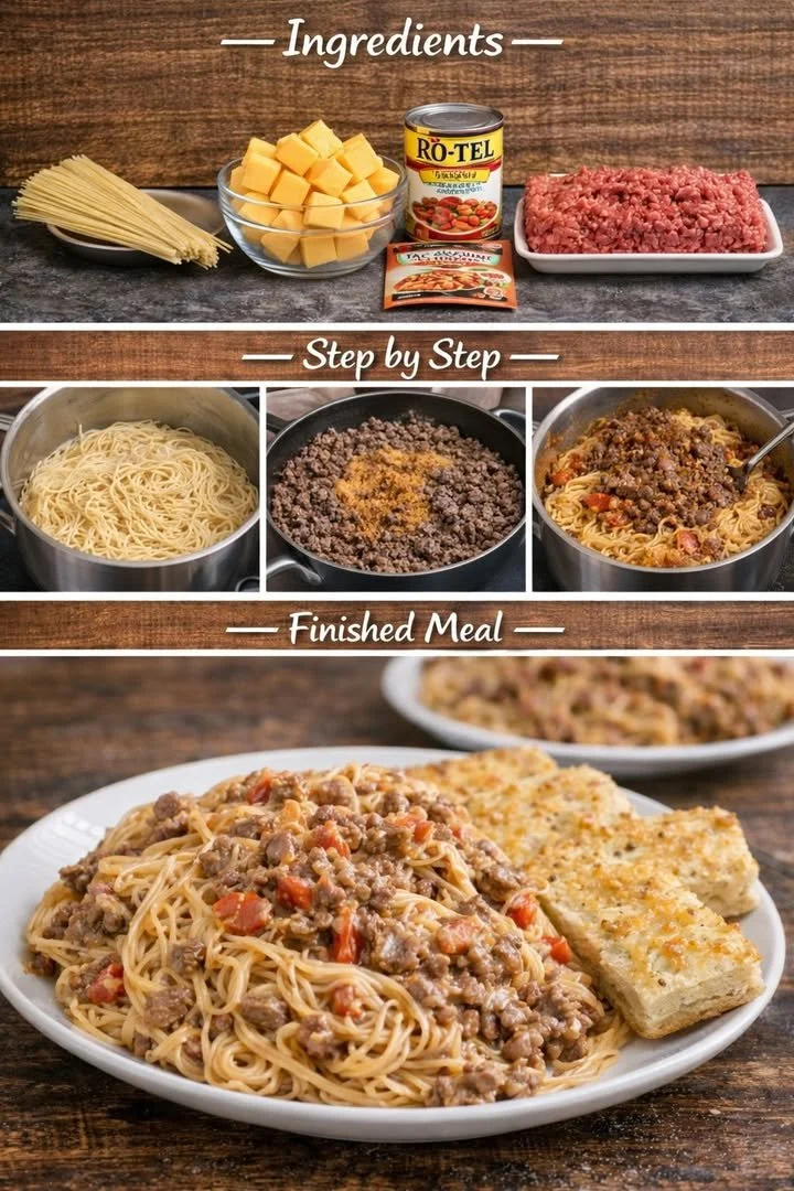 Colorful plate of Taco Spaghetti topped with cheese and fresh herbs