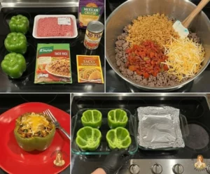 Taco Stuffed Bell Peppers filled with seasoned meat, rice, and cheese.