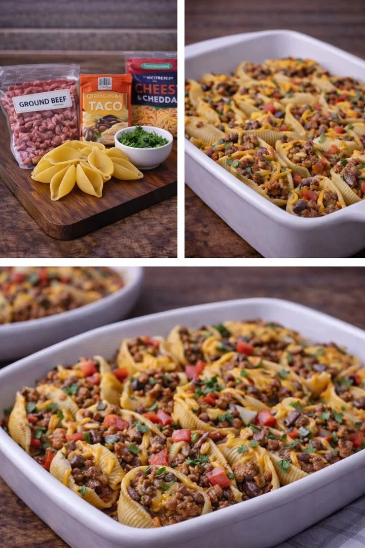 Delicious Taco Stuffed Shells filled with seasoned beef, cheese, and fresh toppings.