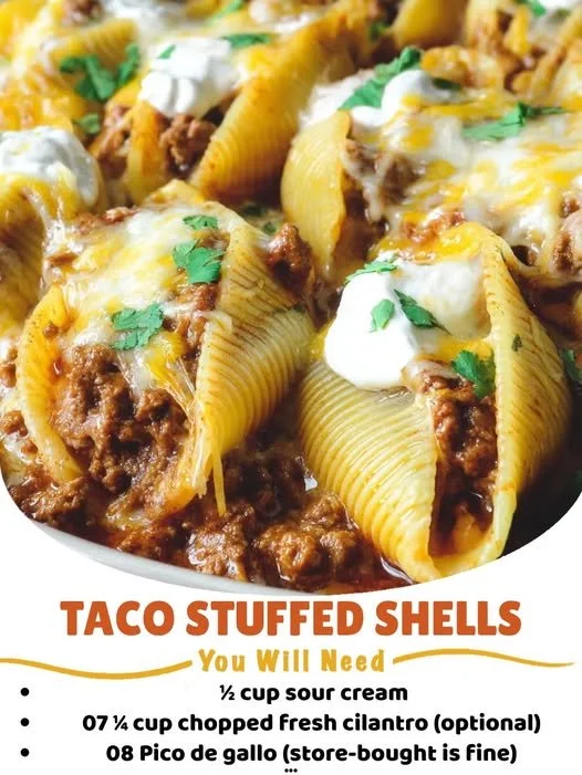Delicious taco stuffed shells filled with cheese and seasoned beef