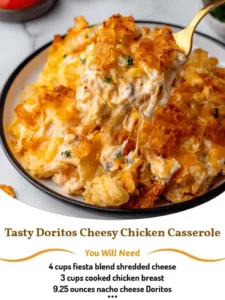 Delicious Doritos cheesy chicken casserole served in a dish with colorful toppings