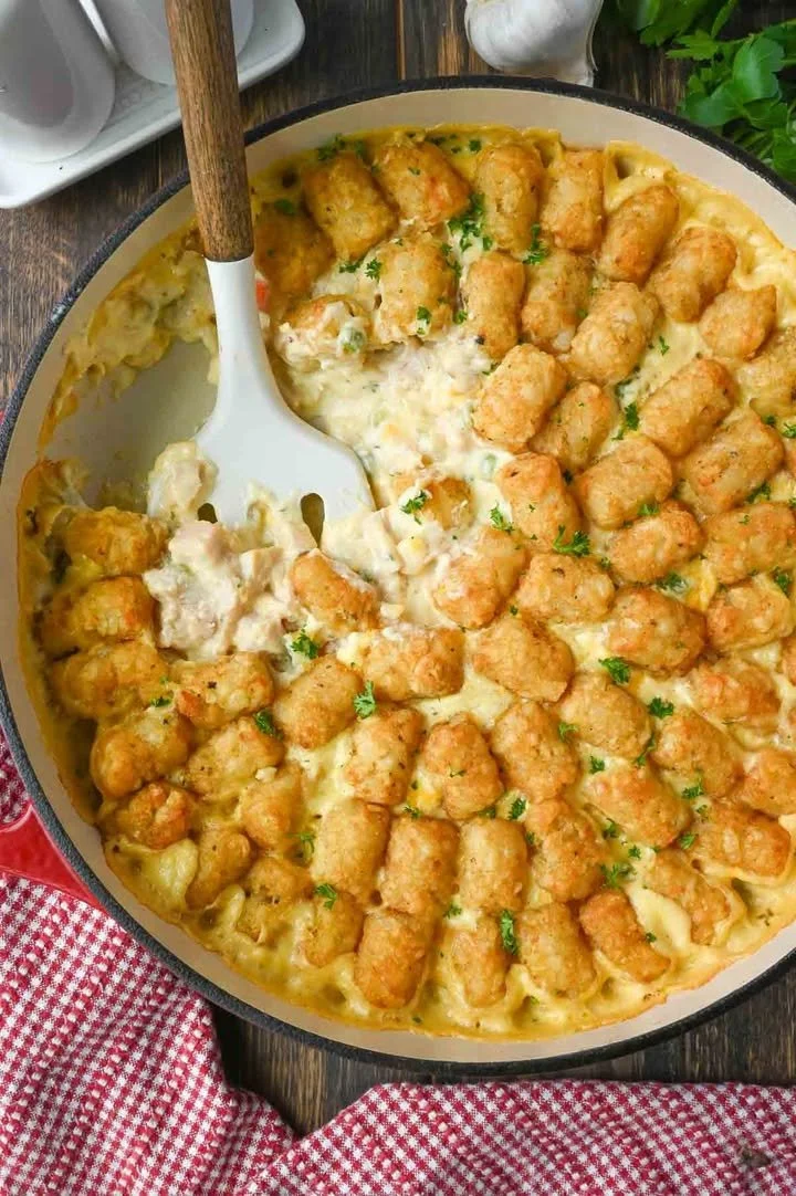 Delicious Tater Tot Chicken Casserole topped with crispy tater tots