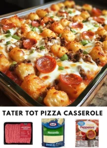 Delicious tater tot pizza casserole with melted cheese and toppings