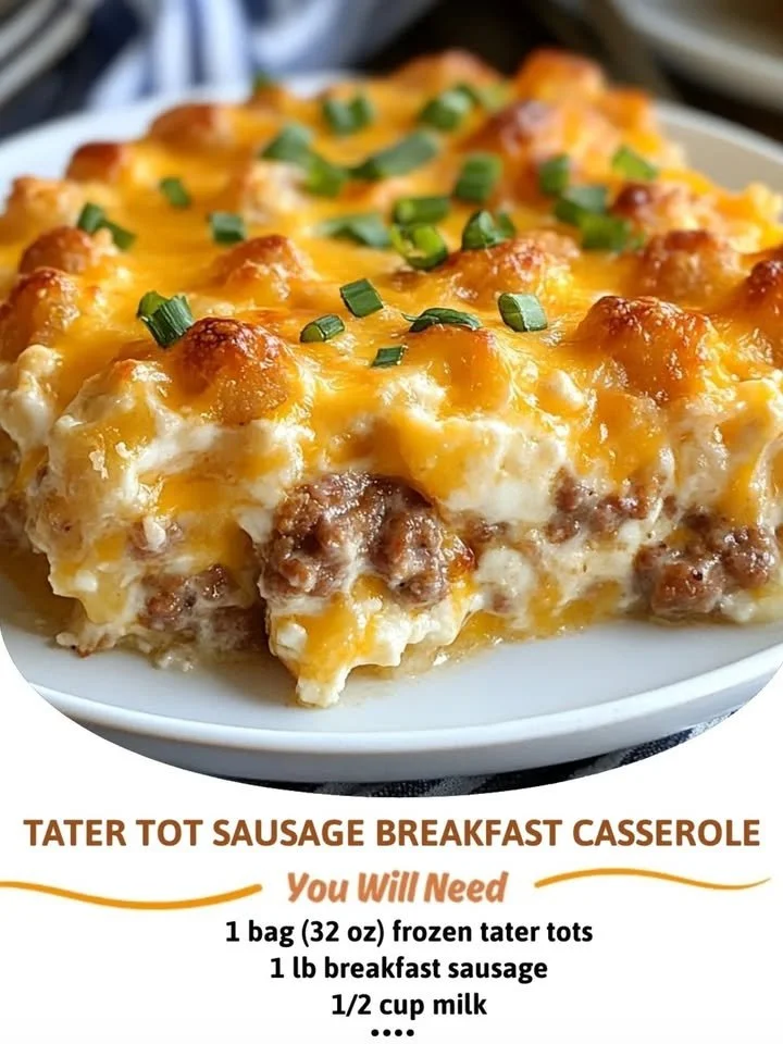 Tater Tot Sausage Breakfast Casserole served in a baking dish