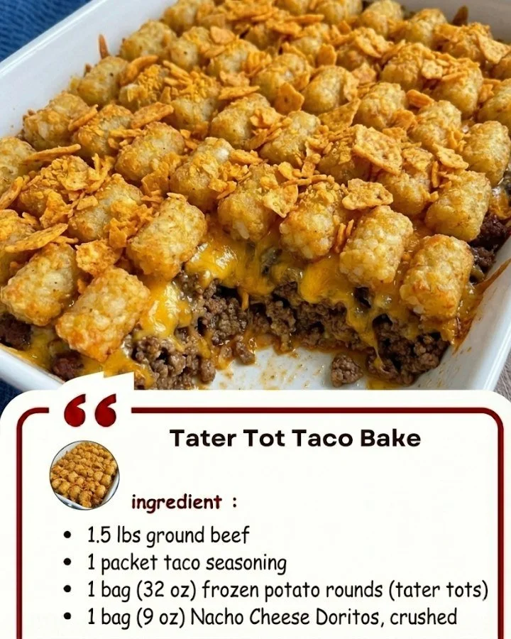 Tater Tot Taco Bake with beef, cheese, and crispy tater tots on top
