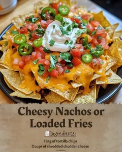 A delicious plate of cheesy nachos topped with melted cheese and jalapeños.