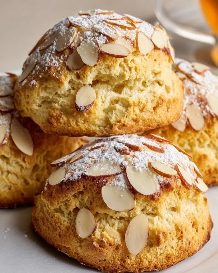 Tender almond flour scones topped with toasted almonds on a white plate.