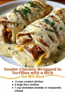 Tender chicken wrapped in tortillas with a creamy cheese sauce