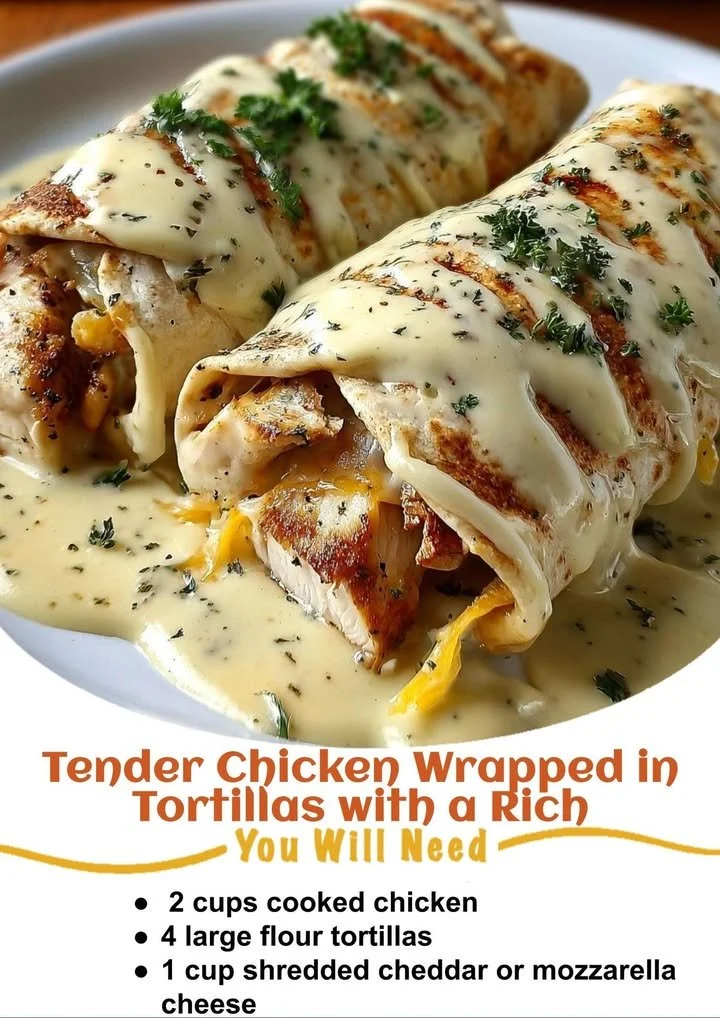 Tender chicken wrapped in tortillas with a creamy cheese sauce