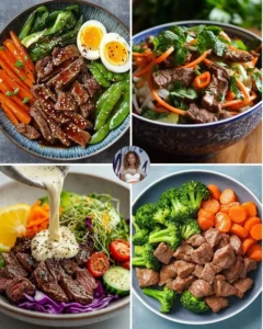 Plate of teriyaki beef with roasted carrots garnished with sesame seeds