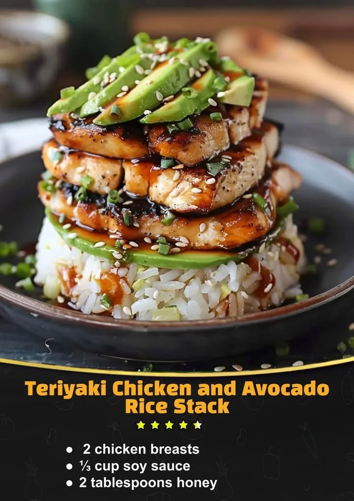 Teriyaki Chicken served on a bed of avocado rice stack