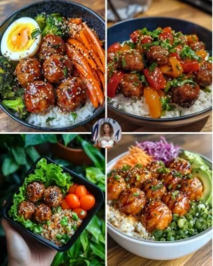 Teriyaki Chicken Meatballs served with roasted vegetables in a colorful bowl