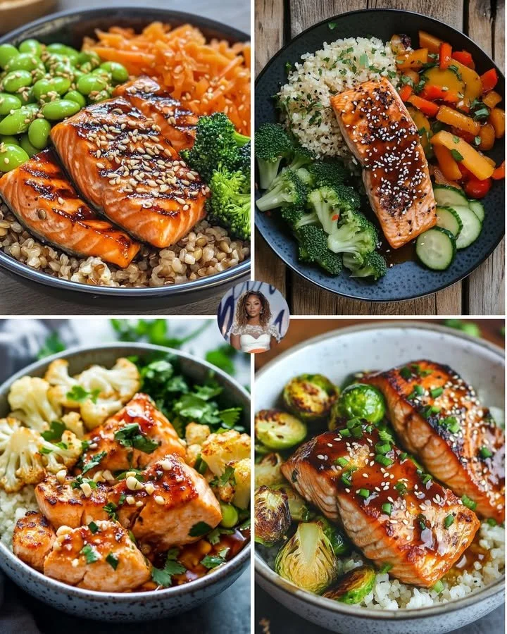 Teriyaki salmon served in a brown rice bowl with vegetables