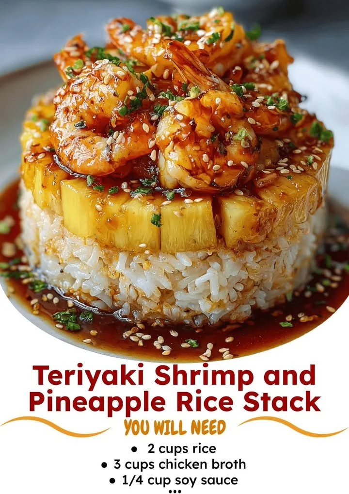 Plate of Teriyaki Shrimp with Pineapple Rice Stack garnished with fresh herbs