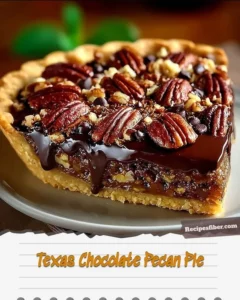 Delicious slice of Texas Chocolate Pecan Pie with chocolate and pecans