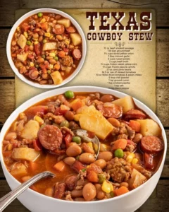 Delicious Texas Cowboy Stew served in a rustic bowl with beans and meat.