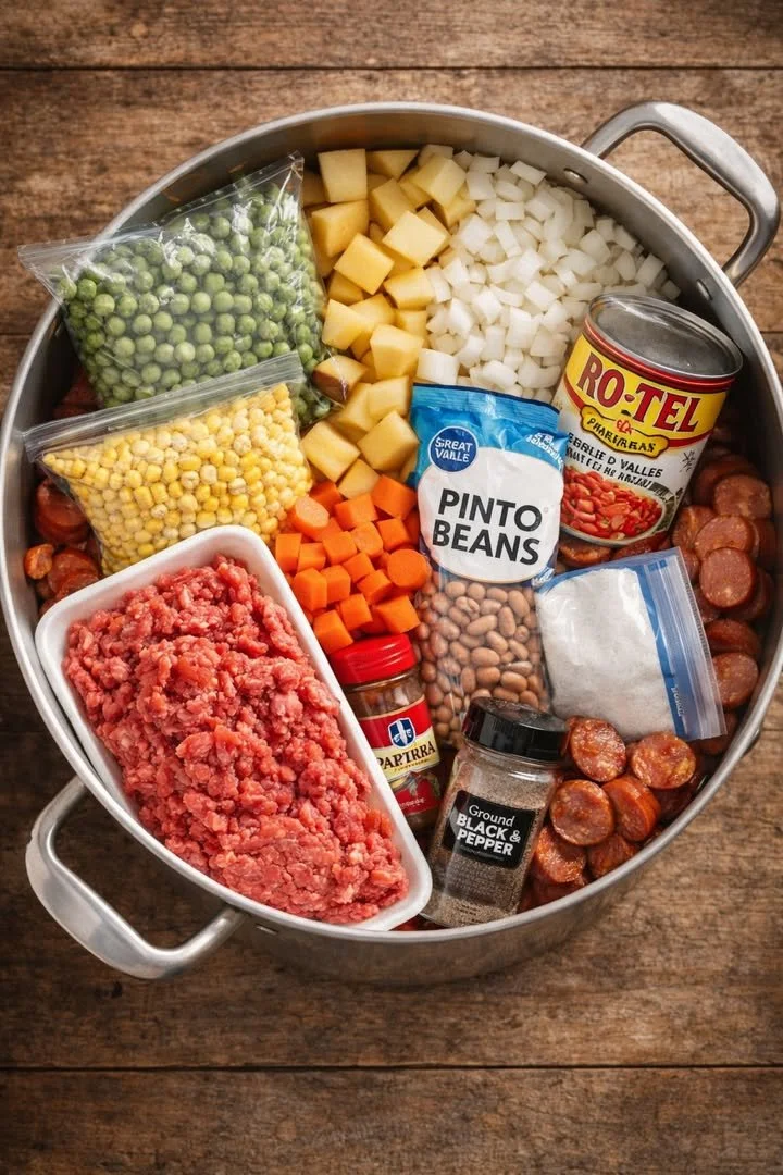 A bowl of Texas Cowboy Stew with meat and vegetables.