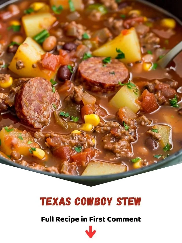 A bowl of Texas Cowboy Stew with meat, beans, and vegetables