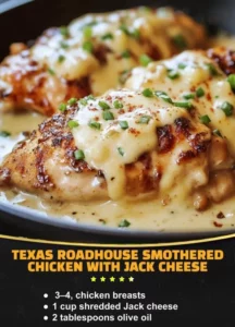Delicious Texas Roadhouse smothered chicken topped with melted jack cheese.