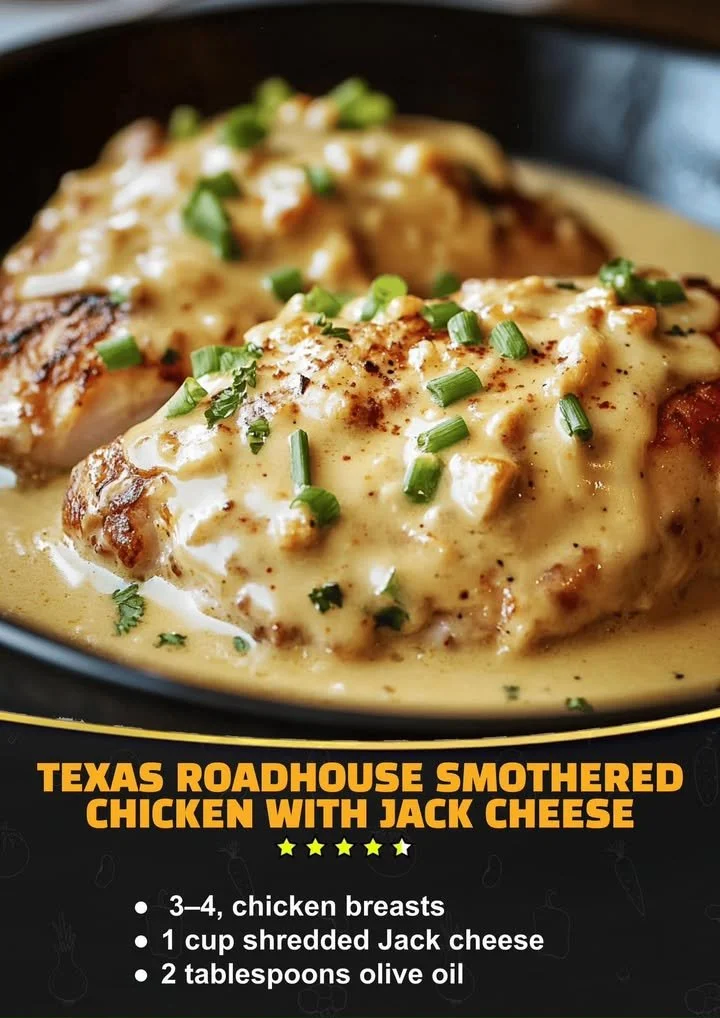 Texas Roadhouse Smothered Chicken topped with Jack Cheese on a plate