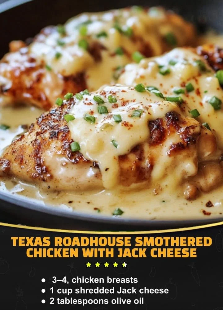 Plate of Texas Roadhouse smothered chicken topped with jack cheese