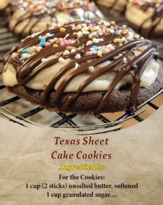 Texas Sheet Cake Cookies with chocolate frosting and sprinkles on a plate.