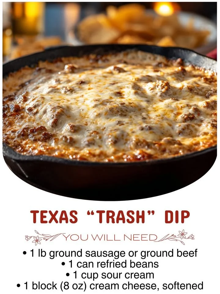 Delicious Texas Trash Dip served in a bowl with tortilla chips
