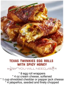 Texas Twinkies egg rolls drizzled with spicy honey on a plate