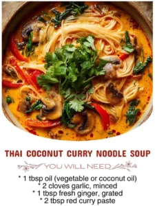 Bowl of Thai coconut curry noodle soup with fresh herbs and toppings