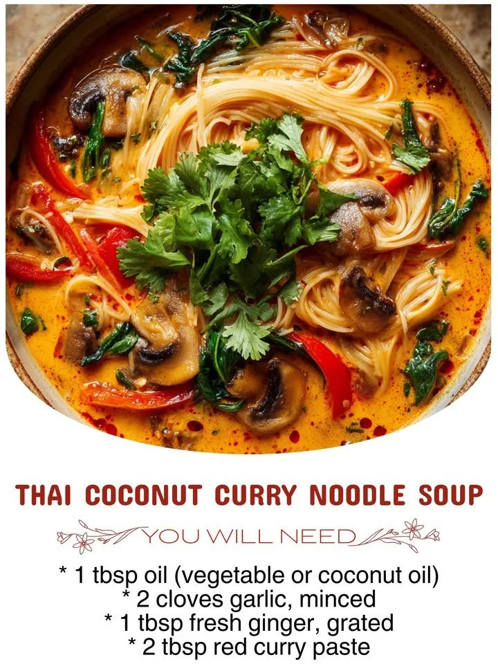 Bowl of Thai coconut curry noodle soup with fresh herbs and toppings