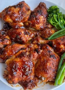 Deliciously grilled BBQ chicken served with sides and garnished with herbs.