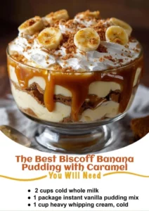 Delicious Biscoff banana pudding layered with caramel and banana slices