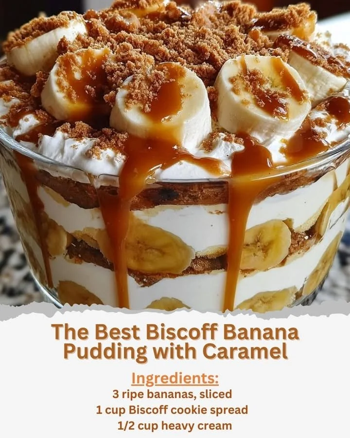 Delicious Biscoff banana pudding with caramel layers in a glass dish