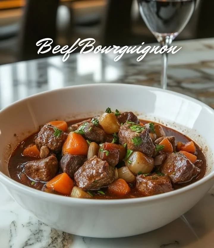 Delicious beef bourguignon garnished with fresh herbs in a rustic bowl.