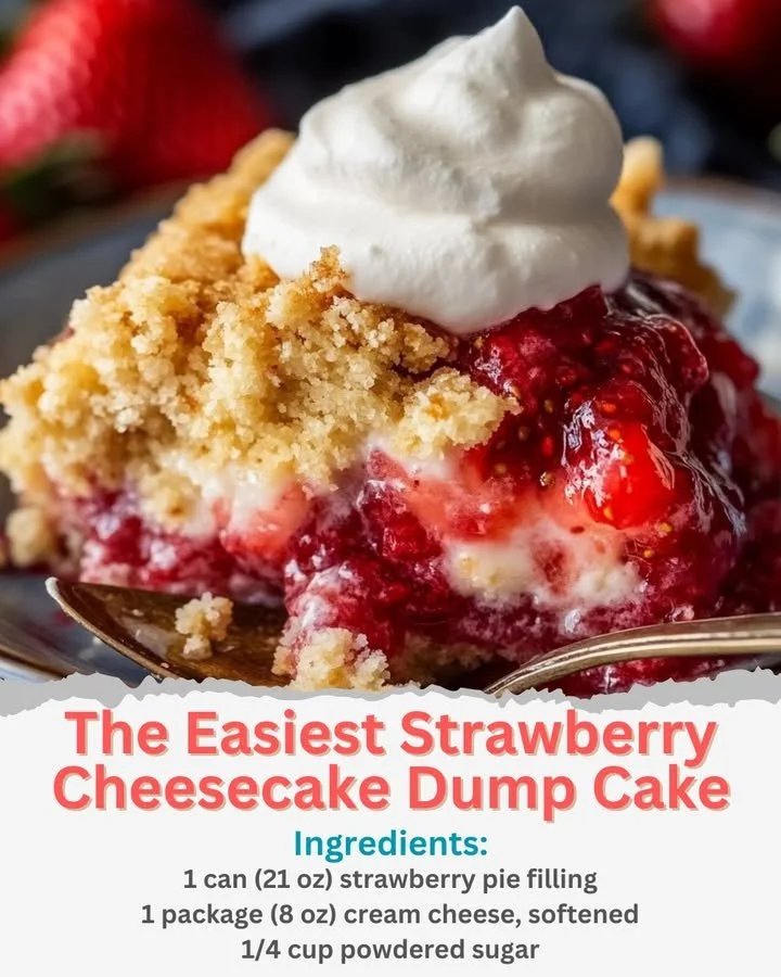 Easiest strawberry cheesecake dump cake topped with fresh strawberries