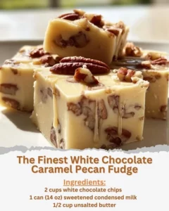 Delicious white chocolate caramel pecan fudge on a decorative plate
