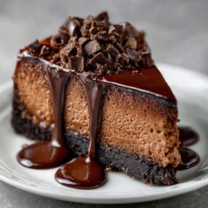 Delicious chocolate cheesecake with smooth ganache topping on a dessert plate