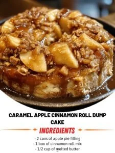 Ultimate Caramel Apple Cinnamon Roll Dump Cake topped with caramel sauce and apples