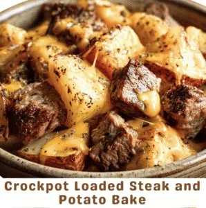 Crockpot Loaded Steak and Potato Bake served in a rustic bowl
