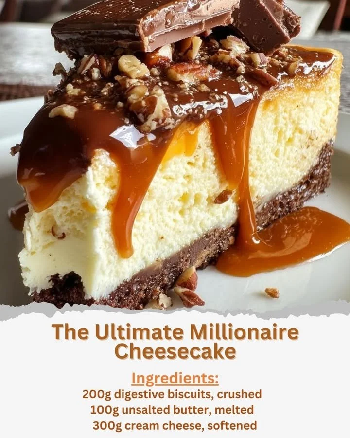 Delicious slice of millionaire cheesecake with a rich, creamy texture and chocolate topping.