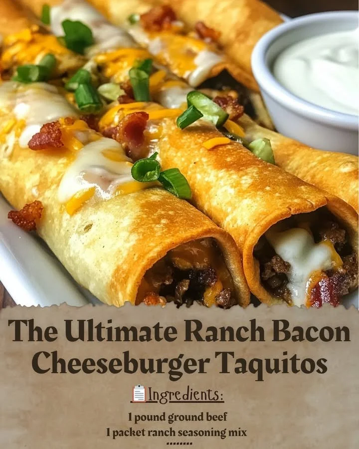 Delicious ranch bacon cheeseburger taquitos served with dipping sauce
