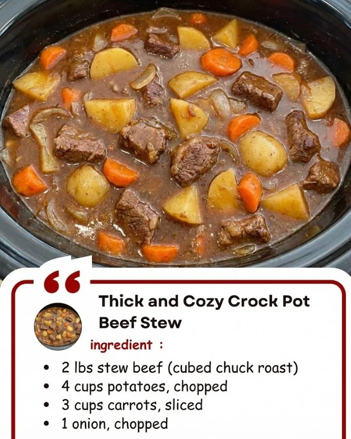 Bowl of thick and cozy crock pot beef stew with vegetables and herbs