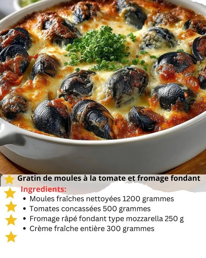 Delicious Tomato and Melting Cheese Mussel Gratin served in a dish