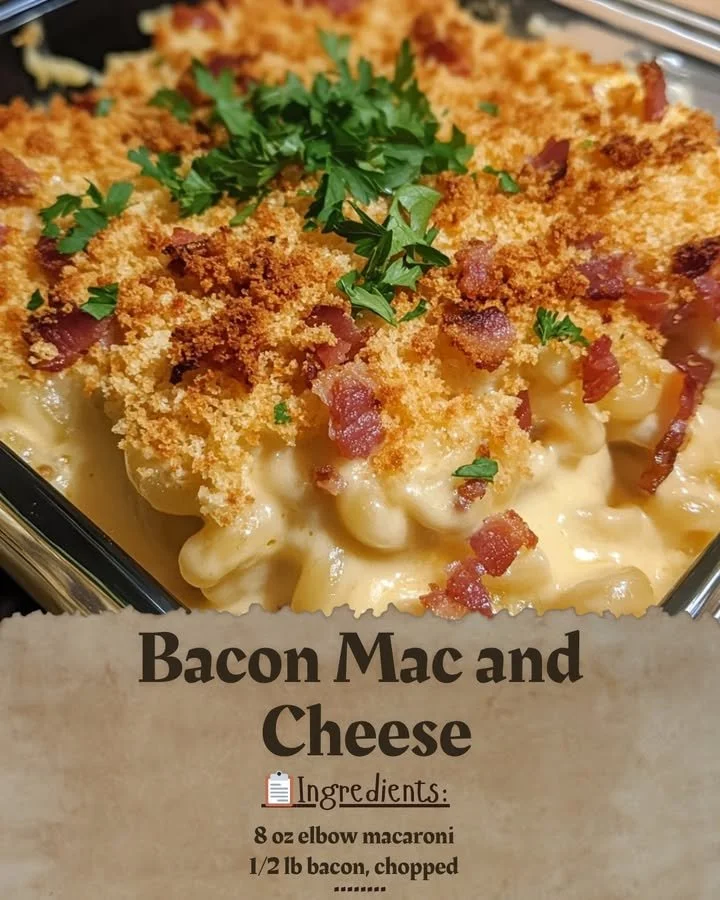 Delicious Too Much Bacon Mac and Cheese topped with crispy bacon