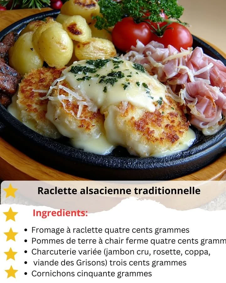 Delicious traditional Alsace Raclette served with potatoes and pickles