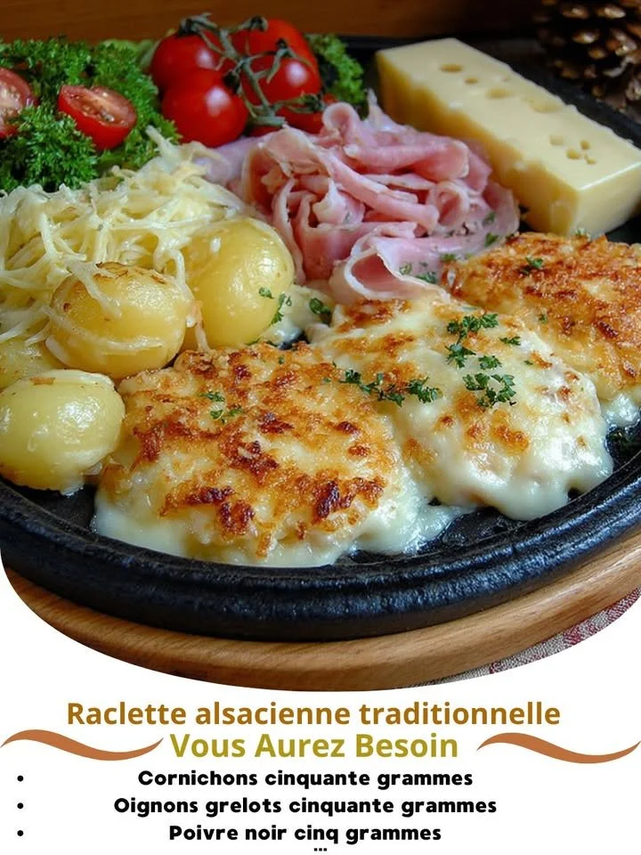 Plate of traditional Alsace Raclette with melted cheese and accompaniments